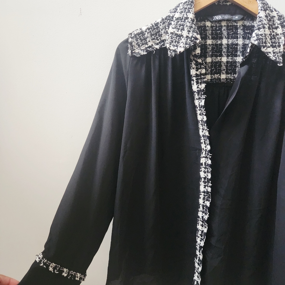 Zara Black Button Up Shirt XS Tweed Trim Sheer Blouse - Picture 7 of 9